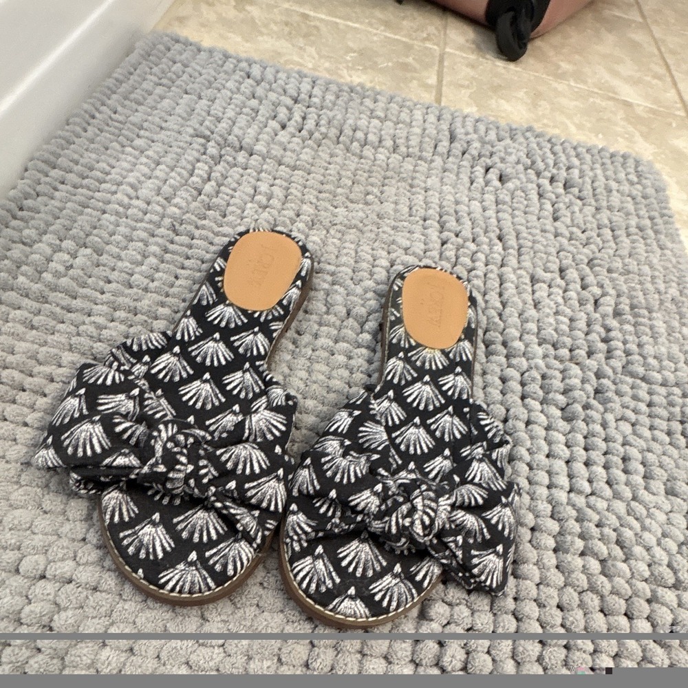 JCrew Women Black White Fan Print Knotted Bow Slide Sandals‎ BG999 Size 9 NEW